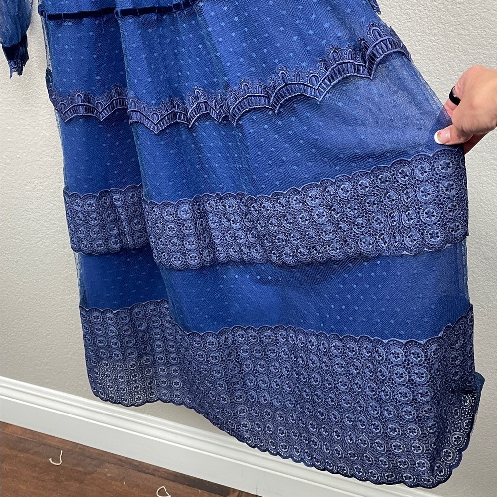 NWT Costarellos Blue Lace Panelled Maxi Dress Prairie Dot Tulle Sz 34 - Picture 6 of 15